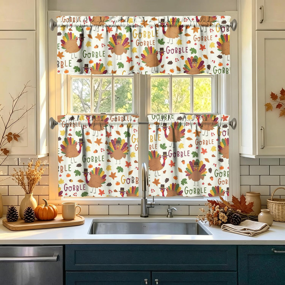 Sage Kitchen Curtain Valance 3 Piece Set, Sage Leaf Floral Kitchen Decor for Home Interior, Farmhouse Style Sink Window Curtains 36 Inch