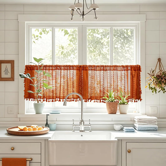 Sutuo Home Terracotta Boho Short Curtains for Kitchen Window Curtains Over Sink, Burnt Orange Crochet Privacy Farmhouse Lace Sheer Vintage Tassels Retro Halloween Rod Pocket,2 Panels 50" W x 18" L
