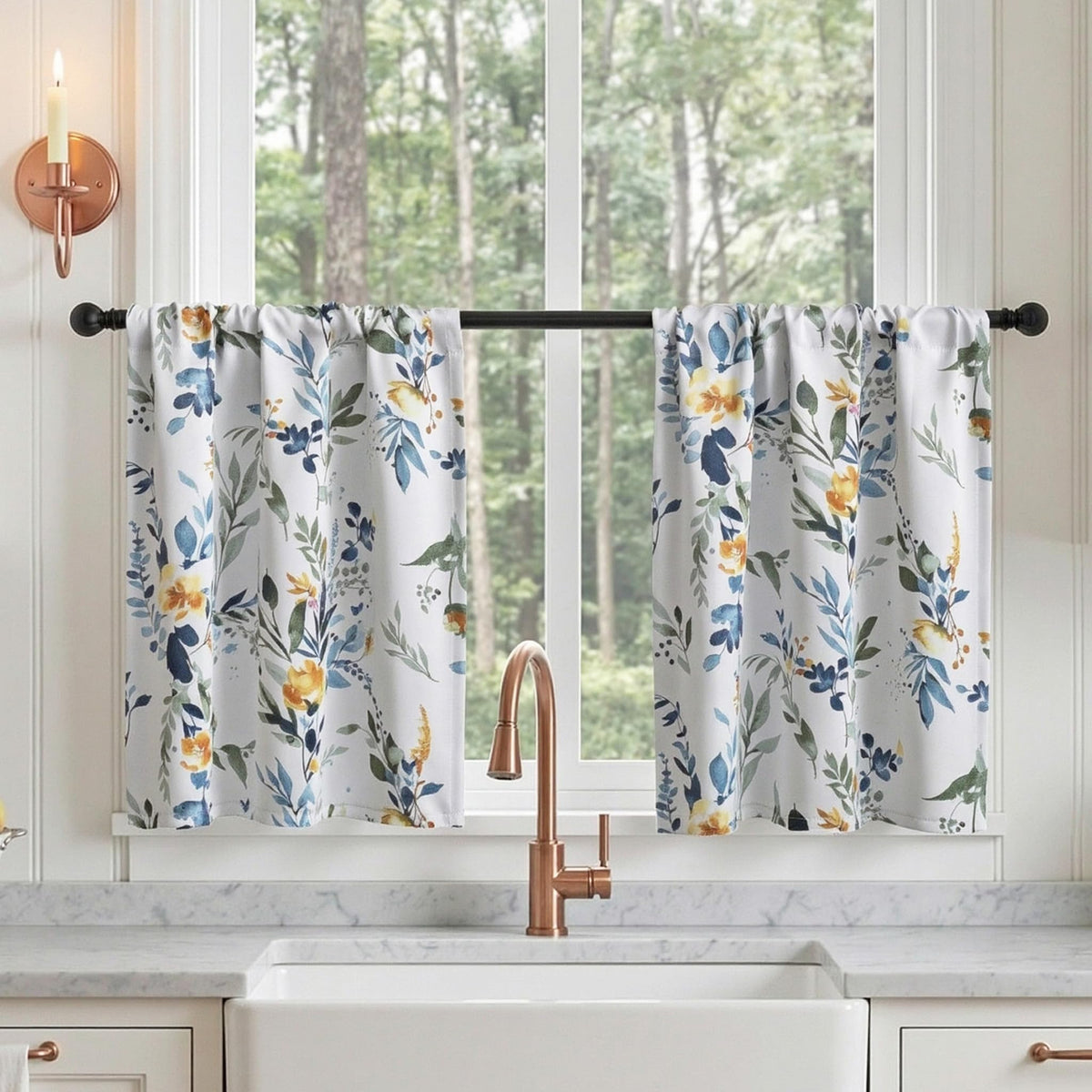 MYSKY HOME Floral Blackout Curtains 45 inch Length 2 Panels Yellow and Blue