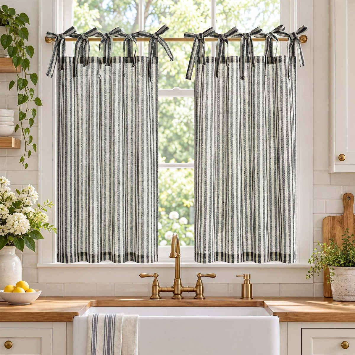 jinchan Striped Linen Kitchen Tier Curtains, 20 Inch, Tan, 2 Panels