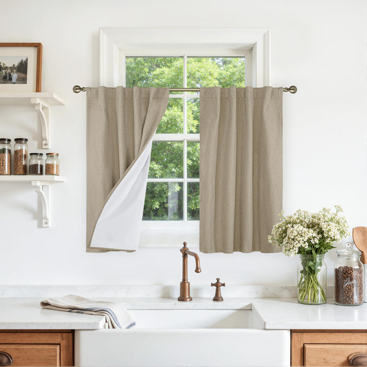 LAMIT Full Blackout Linen Kitchen Window Curtains 36 Inches Long, Ivory