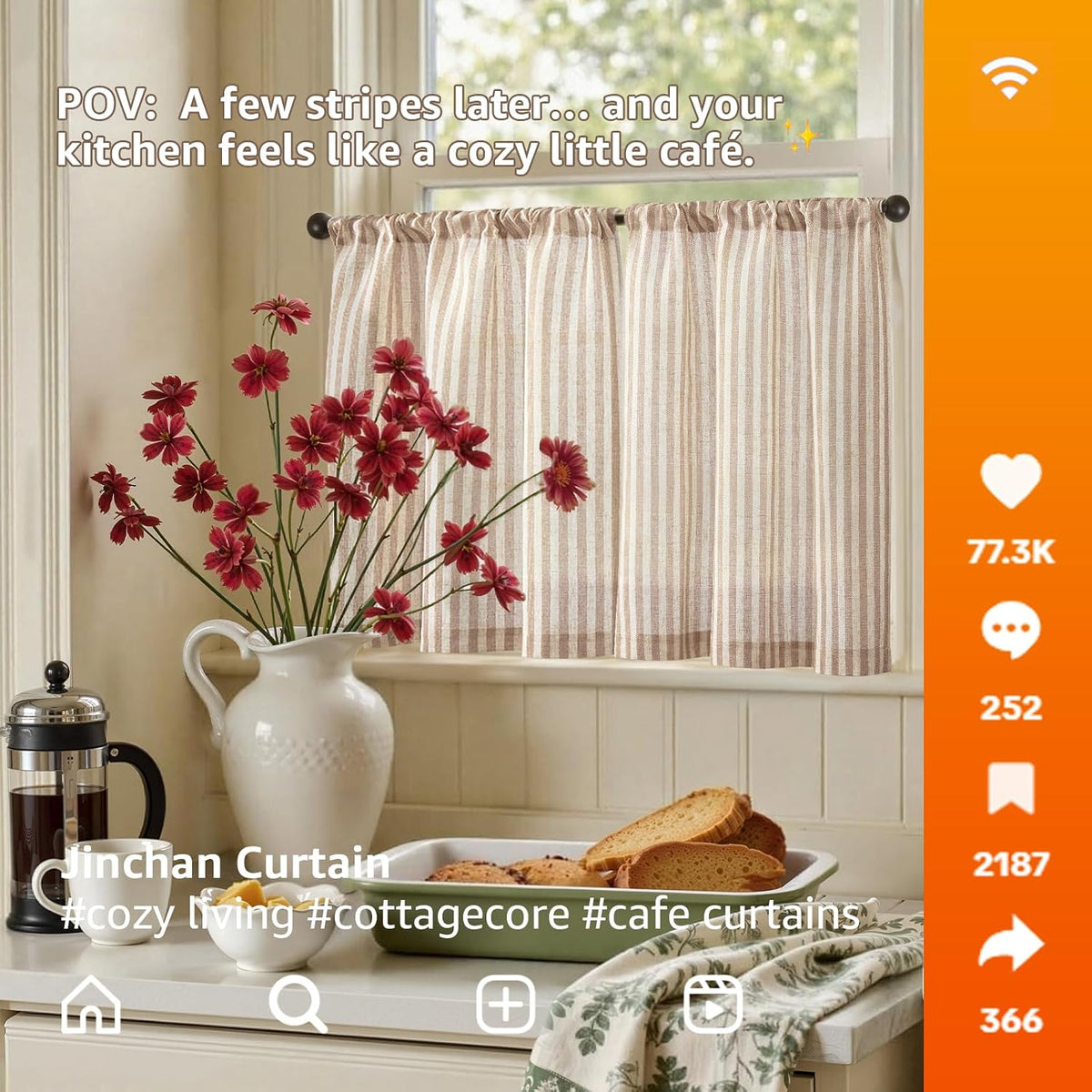 jinchan Striped Linen Kitchen Tier Curtains, 20 Inch, Tan, 2 Panels