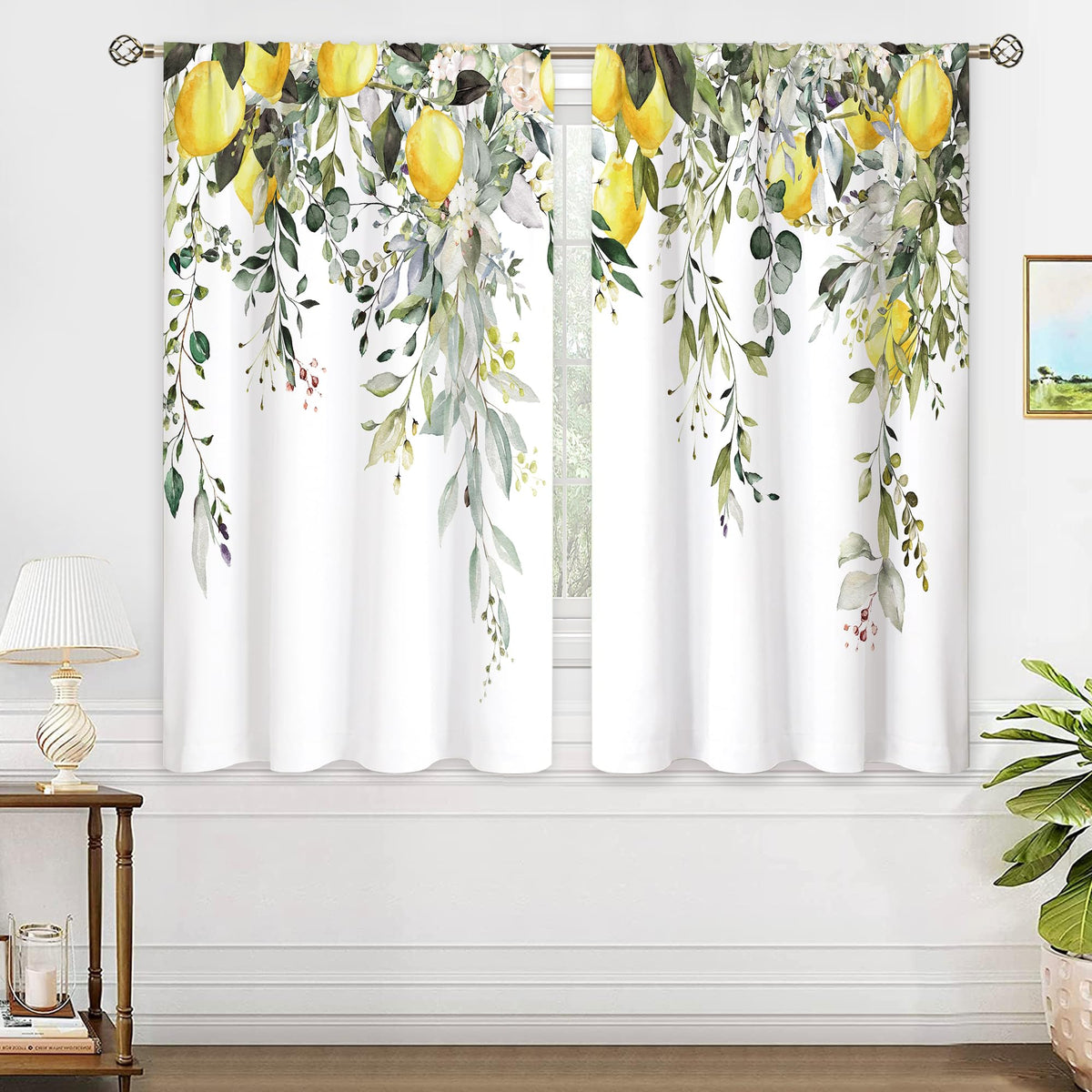 Eucalyptus Botanical Leaves Floral Kitchen Window Curtains Over Sink Boho Farmhouse Flower Leaf Small Window Treatment Sage Green Cafe Short Curtains for Bathroom Tier Drapes 27.5x39 inch