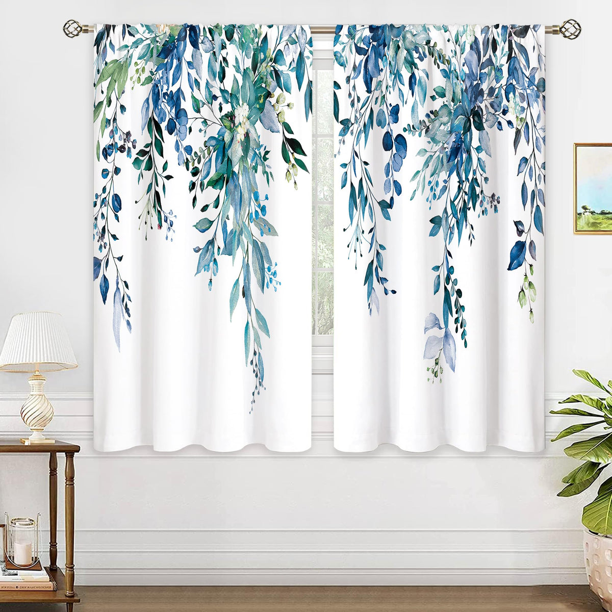 Eucalyptus Botanical Leaves Floral Kitchen Window Curtains Over Sink Boho Farmhouse Flower Leaf Small Window Treatment Sage Green Cafe Short Curtains for Bathroom Tier Drapes 27.5x39 inch