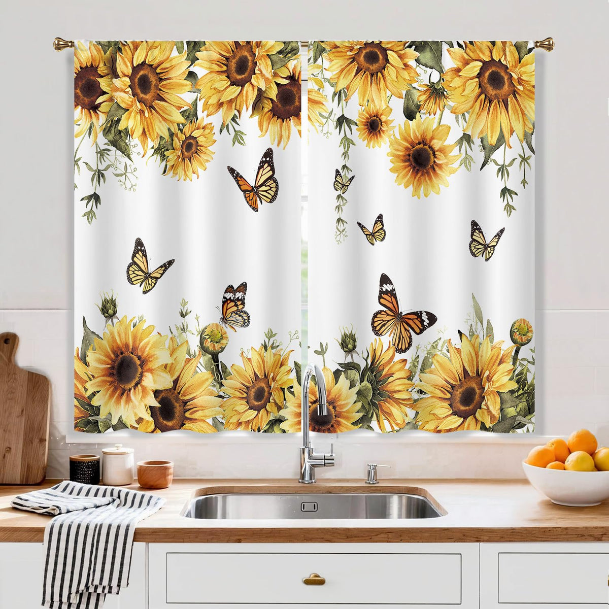 Farmhouse Sunflower Kitchen Curtain Rustic Small Short Cafe Window Curtains Country Wooden Barn Inspirational Bathroom Window Drapes Treatment Tier Curtains 2 Panels (27.5x39 Inch)