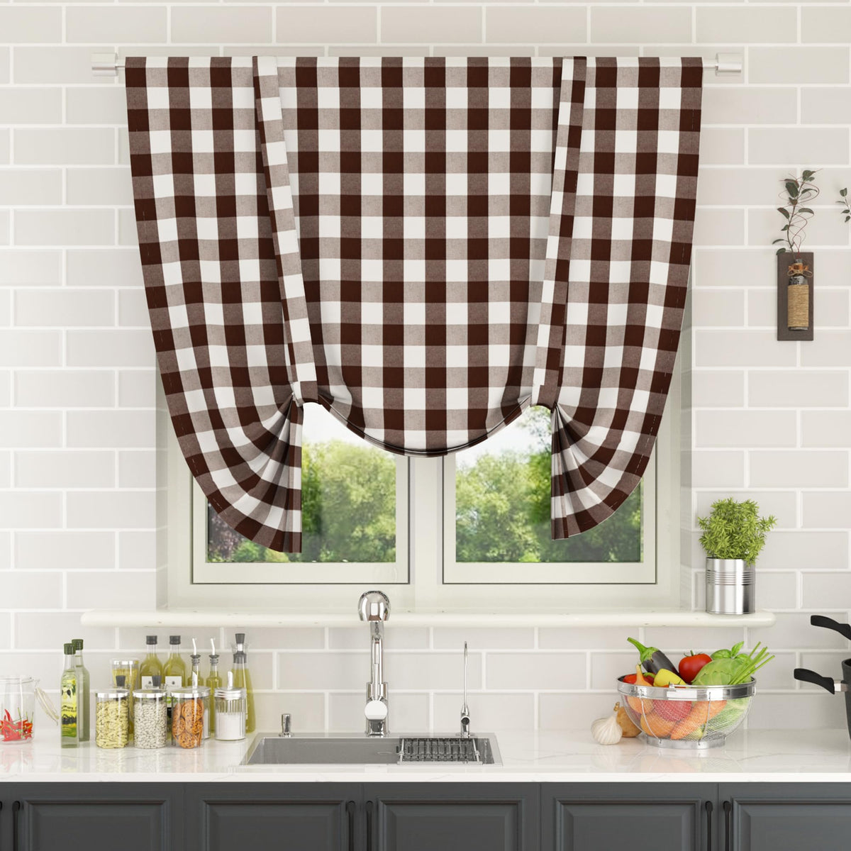 Buffalo Check Kitchen Tier Curtain 24 inches Long Plaid Gingham Rod Pocket Classic Cafe Curtains Country Farmhouse Kitchen Half Window Curtains 2 Panels Beige & White