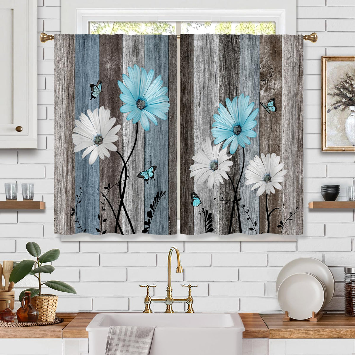 Farmhouse Sunflower Kitchen Curtain Rustic Small Short Cafe Window Curtains Country Wooden Barn Inspirational Bathroom Window Drapes Treatment Tier Curtains 2 Panels (27.5x39 Inch)