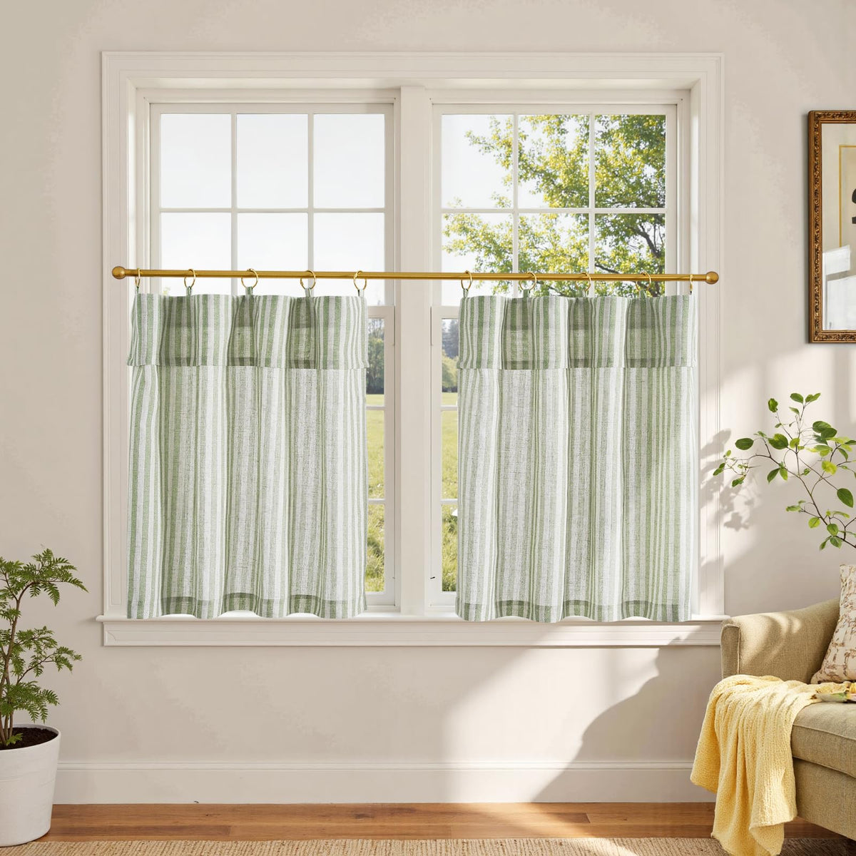 jinchan Striped Linen Kitchen Tier Curtains, 30 Inch, Sage Green, 2 Panels