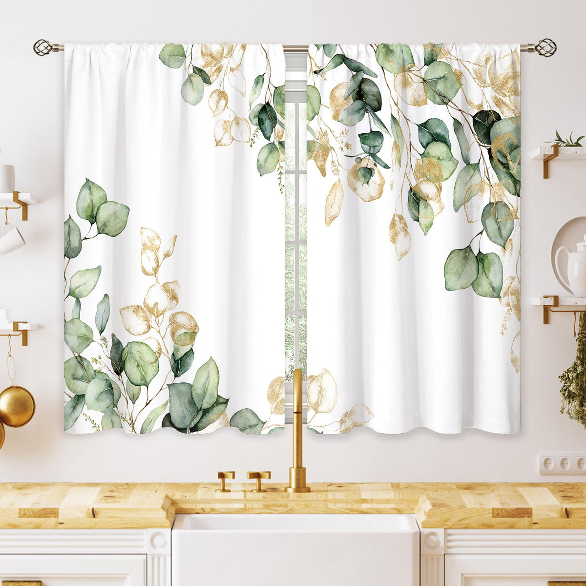 Green Boho Flower Small Kitchen Curtains Flower Plant Window Treatment Botanical Herb Chic Rod Pocket Cafe Short Window Curtains for Bathroom Dining Room Tier Treatment Drapes 27.5x39 inch