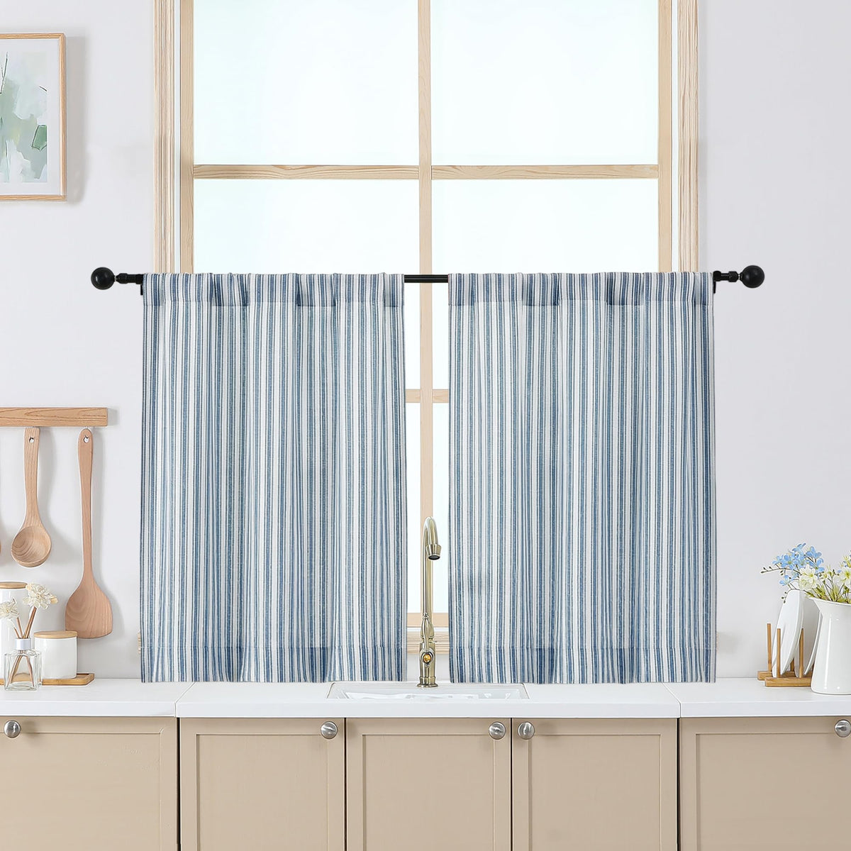 Chyhomenyc Striped Short Curtains 36 Inch Length - Light Filtering Faux Linen Living Room Tier Half Window Curtains, Farmhouse Modern Boho Curtain for Bathroom, 30Wx36L, 2 Pieces, Stone Blue