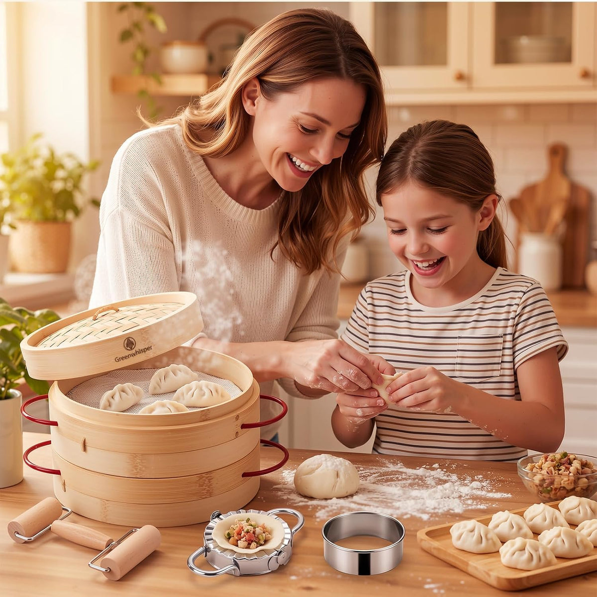 10 Inch Bamboo Steamer Set, 2 Tier Dumpling Steamer Basket – For Cooking Bao Buns, Dim Sum, Soup Dumpling (10 inch)