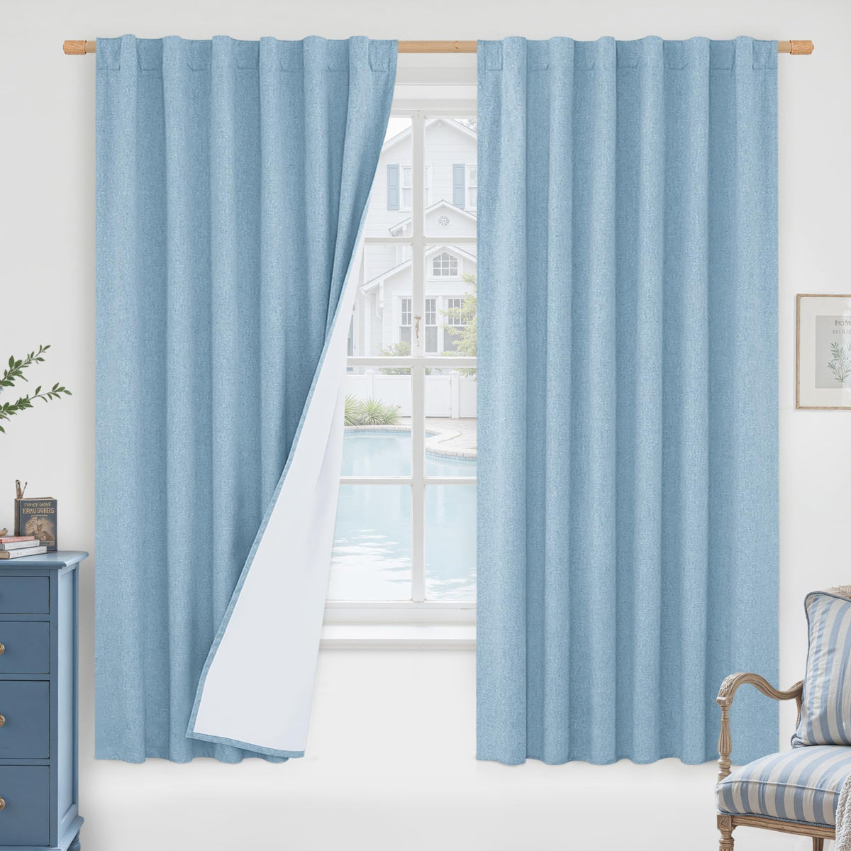 LAMIT Full Blackout Linen Kitchen Window Curtains 36 Inches Long, Ivory