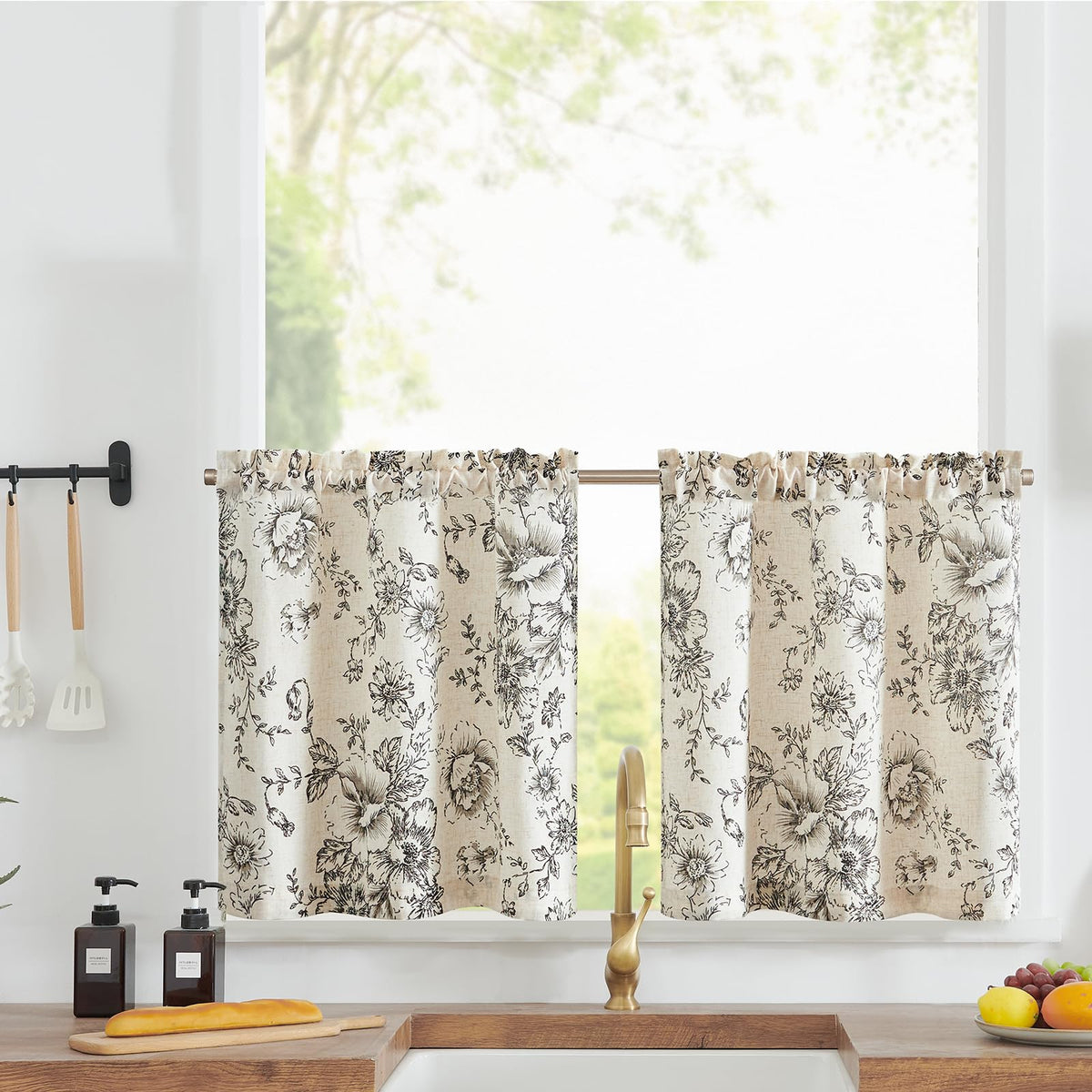 jinchan Hattie Floral Linen Kitchen Tier Curtains Beige 36 in 2 Panels