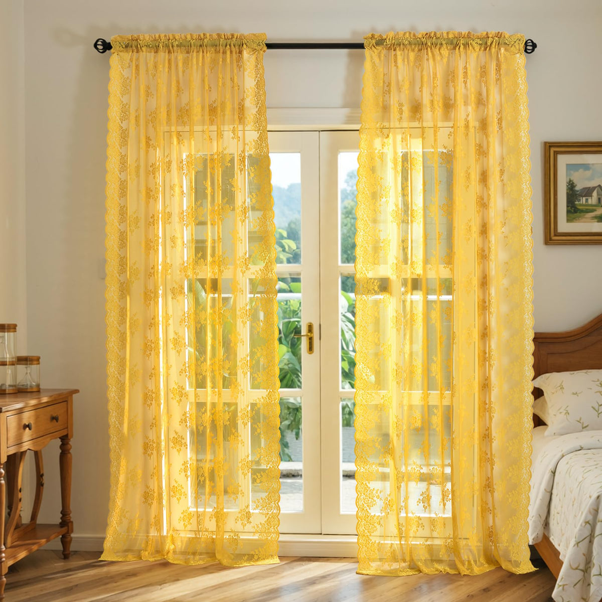 Kotile Short Beige Lace Curtains for Kitchen Windows W42xL45 Inch, 2 Panels