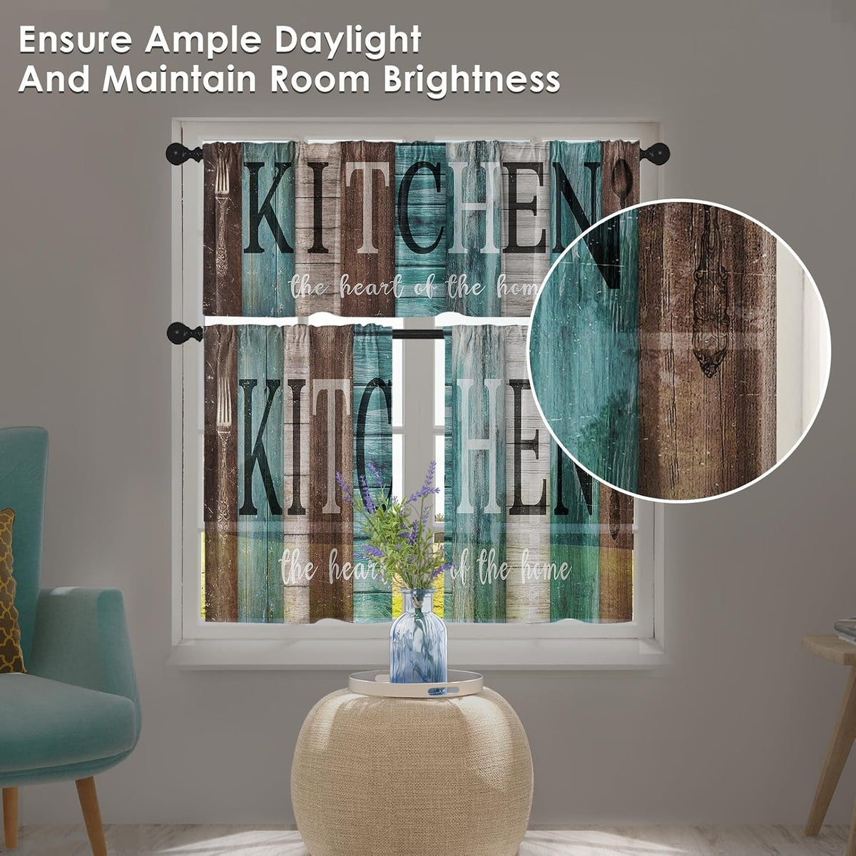 Kitchen Curtains Sets for Windows 52x36 Inch, 3 Pack Farmhouse Teal