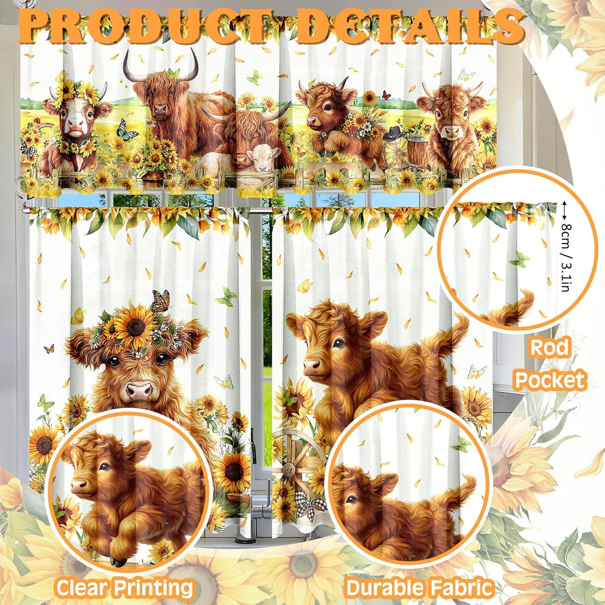Breling 3 Pcs Sunflower Highland Cow Kitchen Curtains Valances and Tiers Set for Windows Spring Farmhouse Highland Cow Sunflower Curtains Decor for Summer Bedroom Window Decor Party Favor Supplies