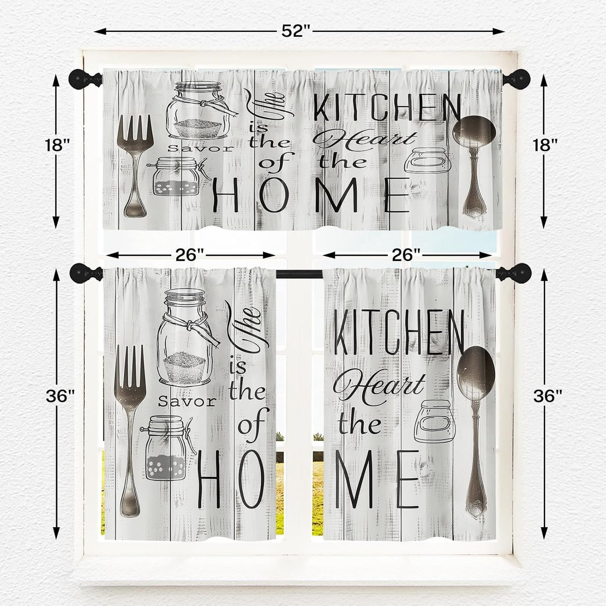 Emvency Kitchen Curtains Sets for Windows 52x36 Inch 3 Pack Farmhouse Wood