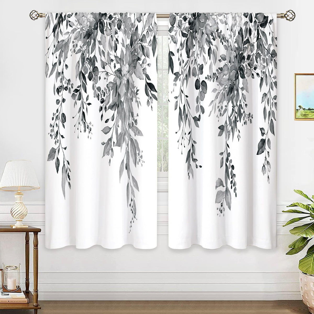 Eucalyptus Botanical Leaves Floral Kitchen Window Curtains Over Sink Boho Farmhouse Flower Leaf Small Window Treatment Sage Green Cafe Short Curtains for Bathroom Tier Drapes 27.5x39 inch
