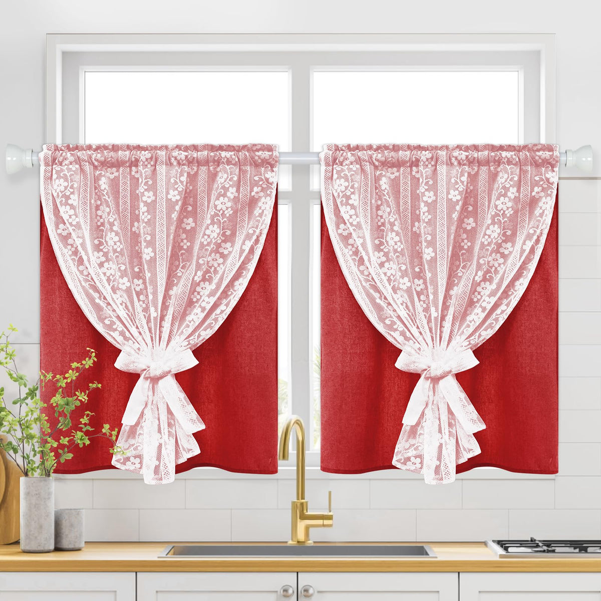 ASPMIZ Linen Kitchen Curtains 36 Inch Length, Double Layered Window Curtain 2 Panel Sets Rod Pocket Short Curtains for Kitchen, Farmhouse Window Treatment Tiers for Bathroom, Cafe, Beige