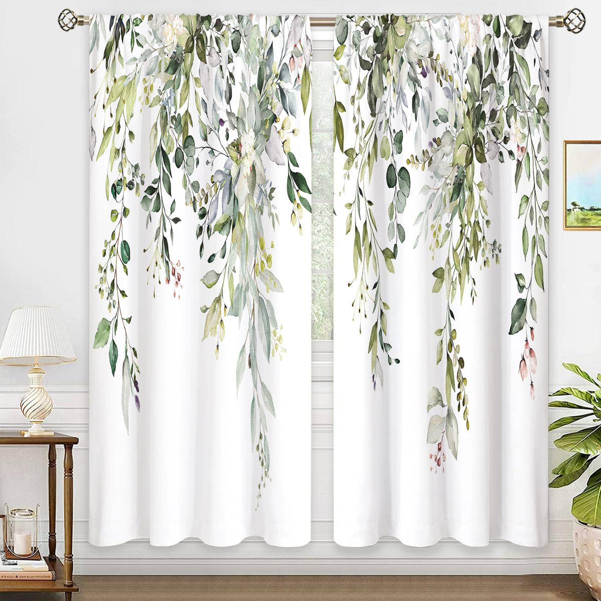 Eucalyptus Botanical Leaves Floral Kitchen Window Curtains Over Sink Boho Farmhouse Flower Leaf Small Window Treatment Sage Green Cafe Short Curtains for Bathroom Tier Drapes 27.5x39 inch