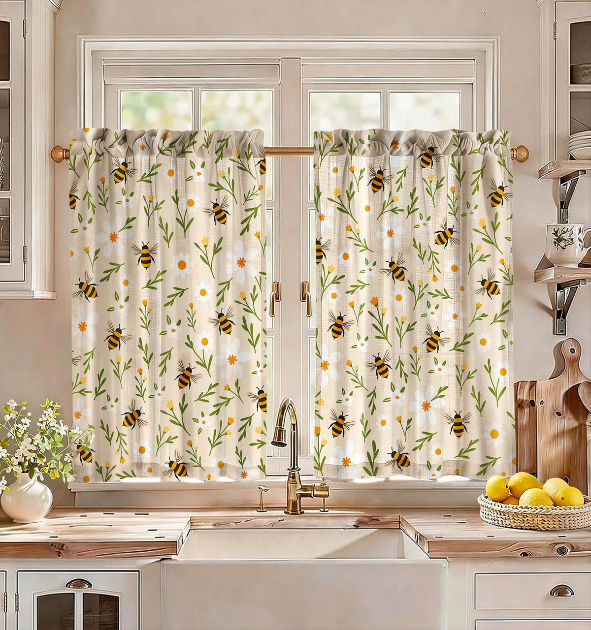 Miss Adola 36 Inch Length Kitchen Tier Curtains, Floral Cat