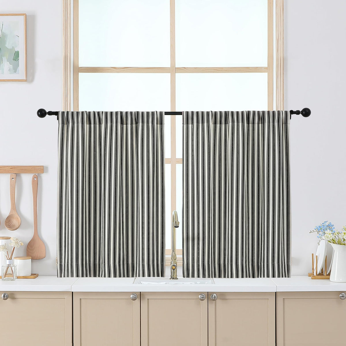 Chyhomenyc Striped Short Curtains 36 Inch Length - Light Filtering Faux Linen Living Room Tier Half Window Curtains, Farmhouse Modern Boho Curtain for Bathroom, 30Wx36L, 2 Pieces, Stone Blue