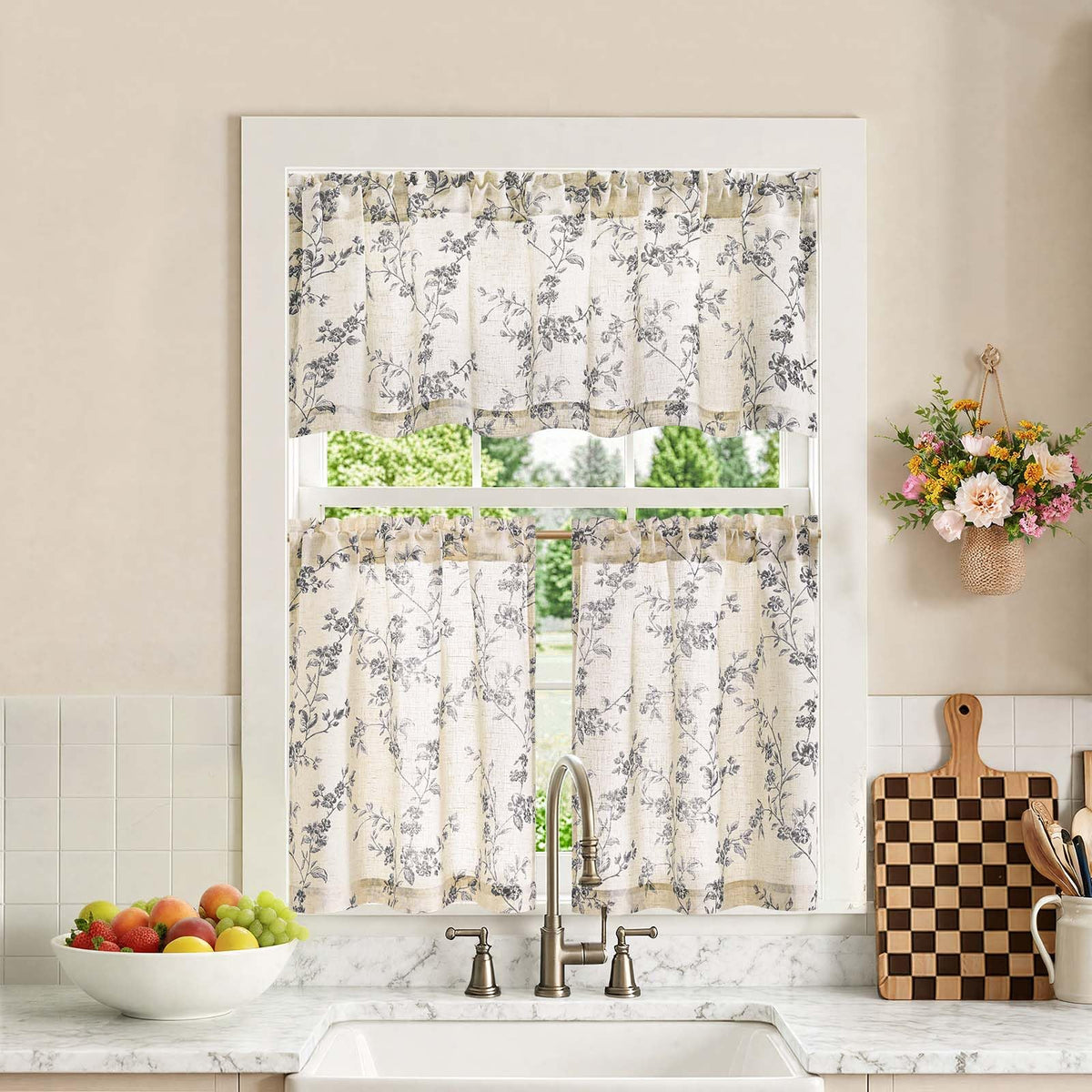 jinchan Green Linen Floral Kitchen Tier Curtains and Valance Set 3 Pieces