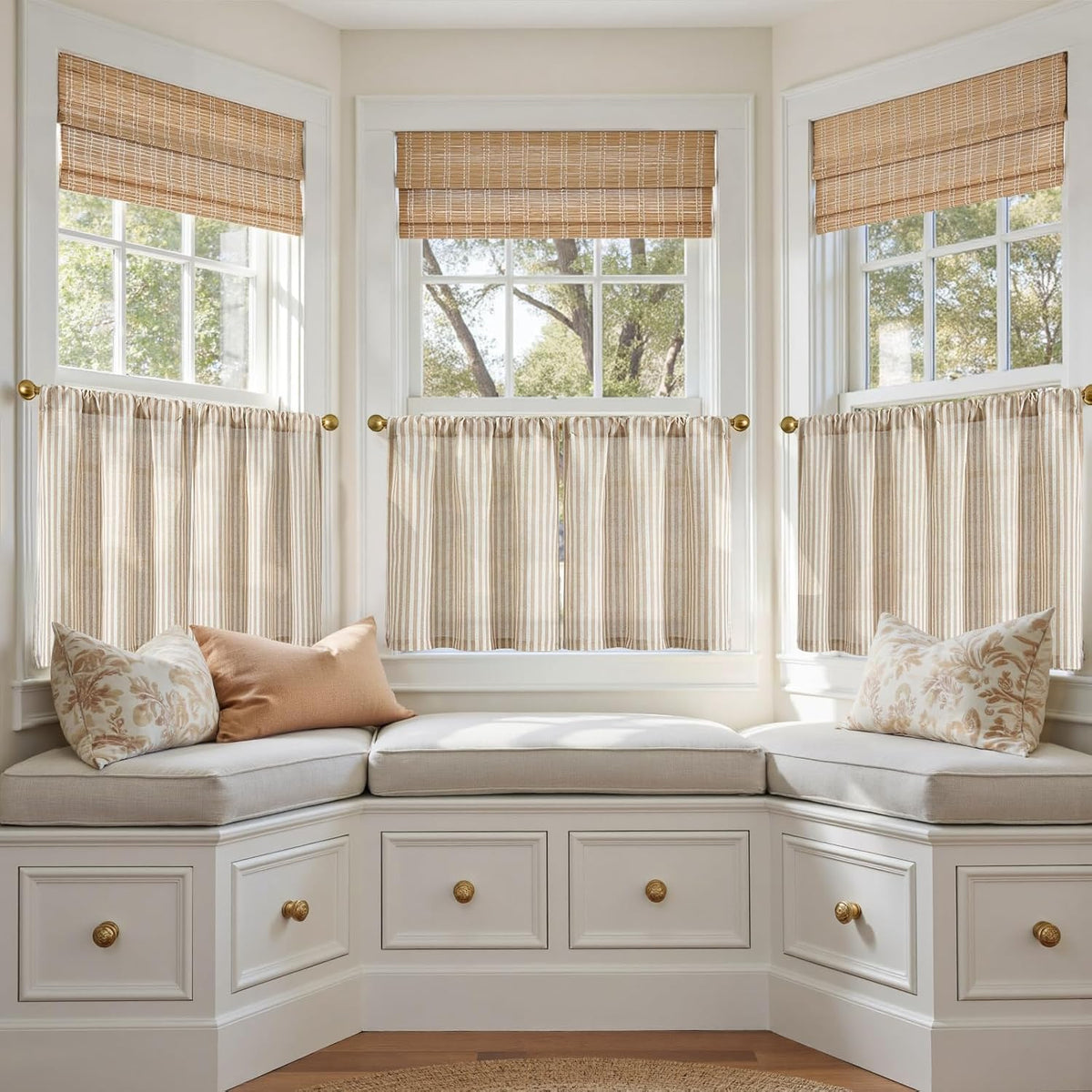 jinchan Striped Linen Kitchen Tier Curtains, 20 Inch, Tan, 2 Panels