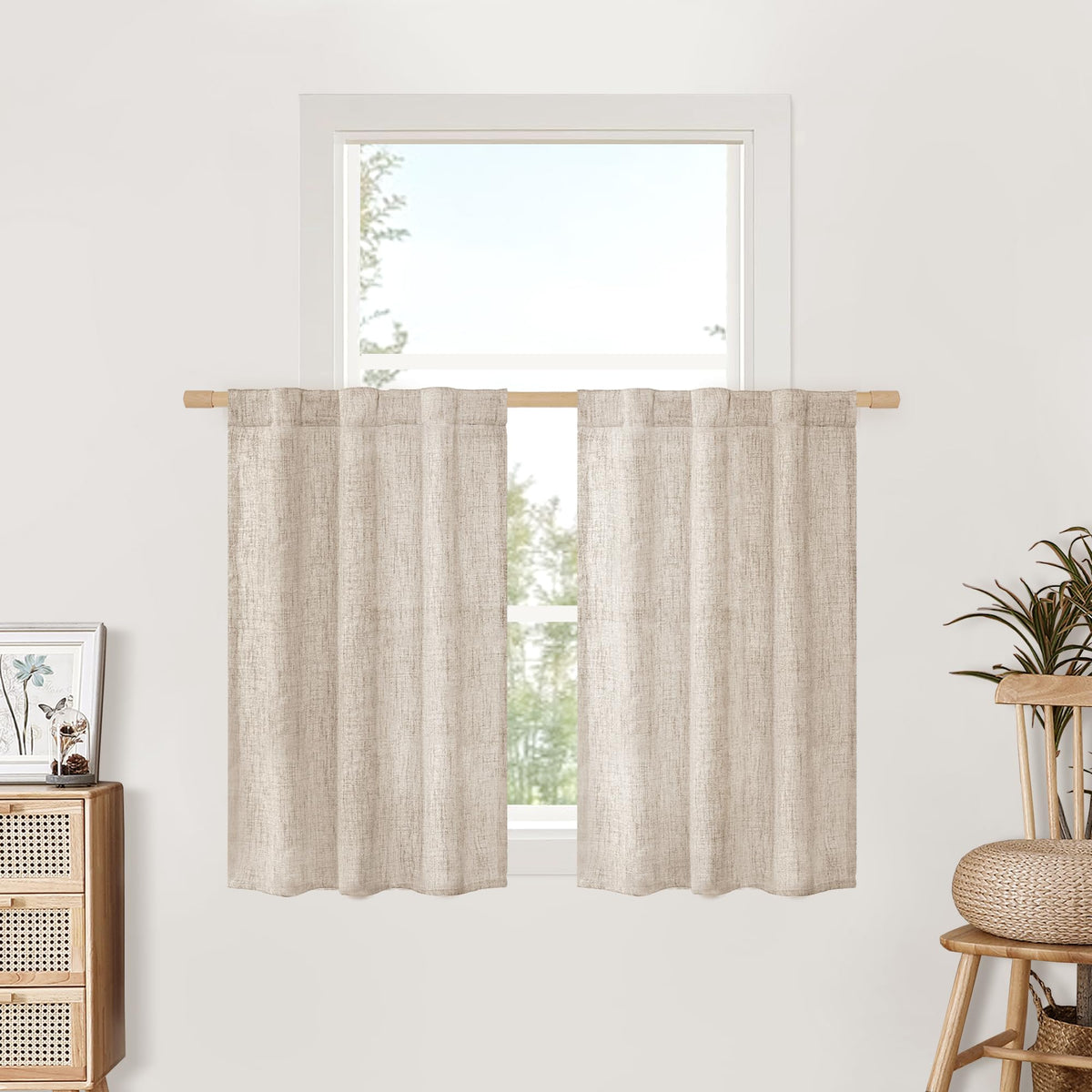 BGment White Linen Kitchen Curtains 40 Inch Length for Short Window