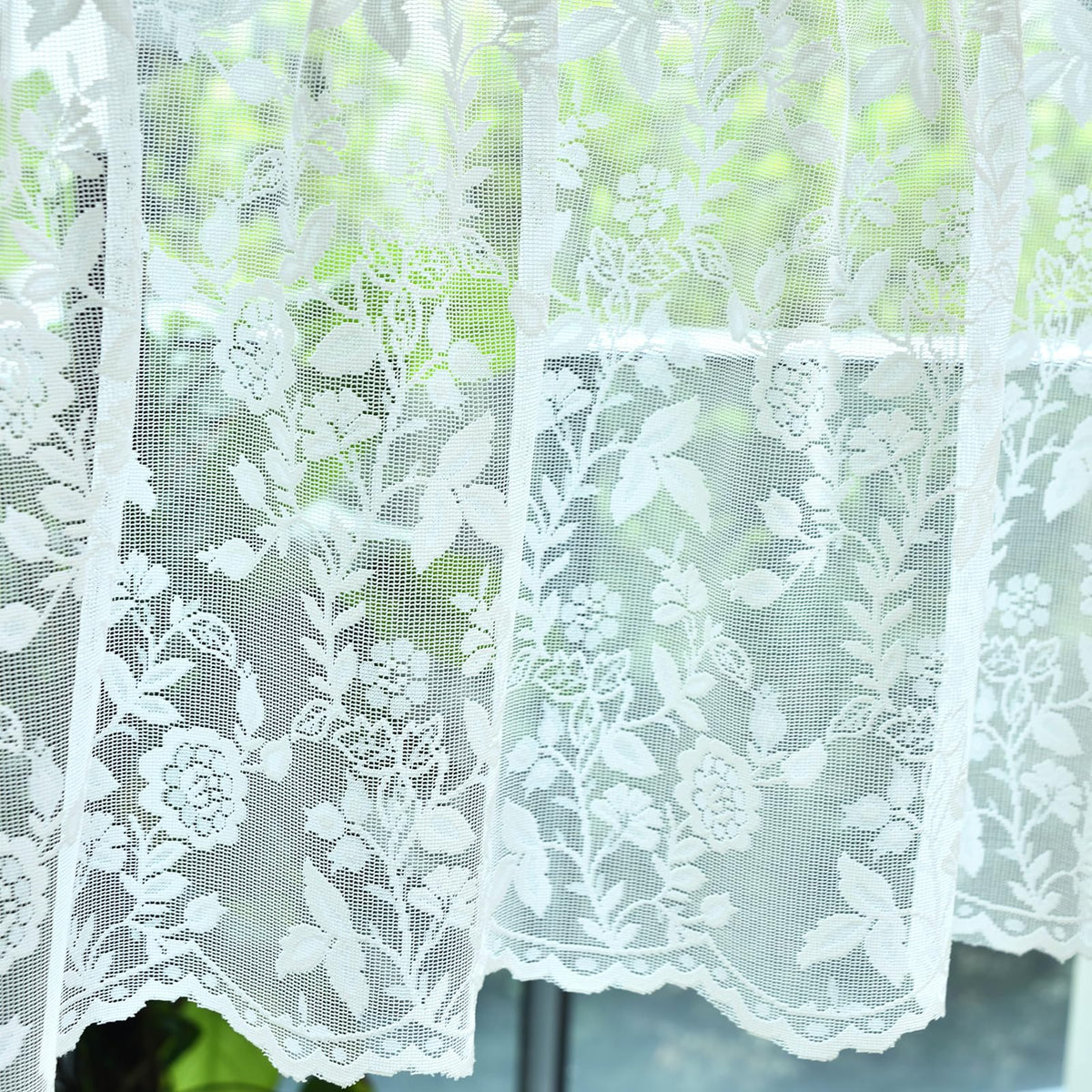 FINECITY Short Beige Lace Curtains Rustic Leaf Floral W42xL36 Inch 2 Panels