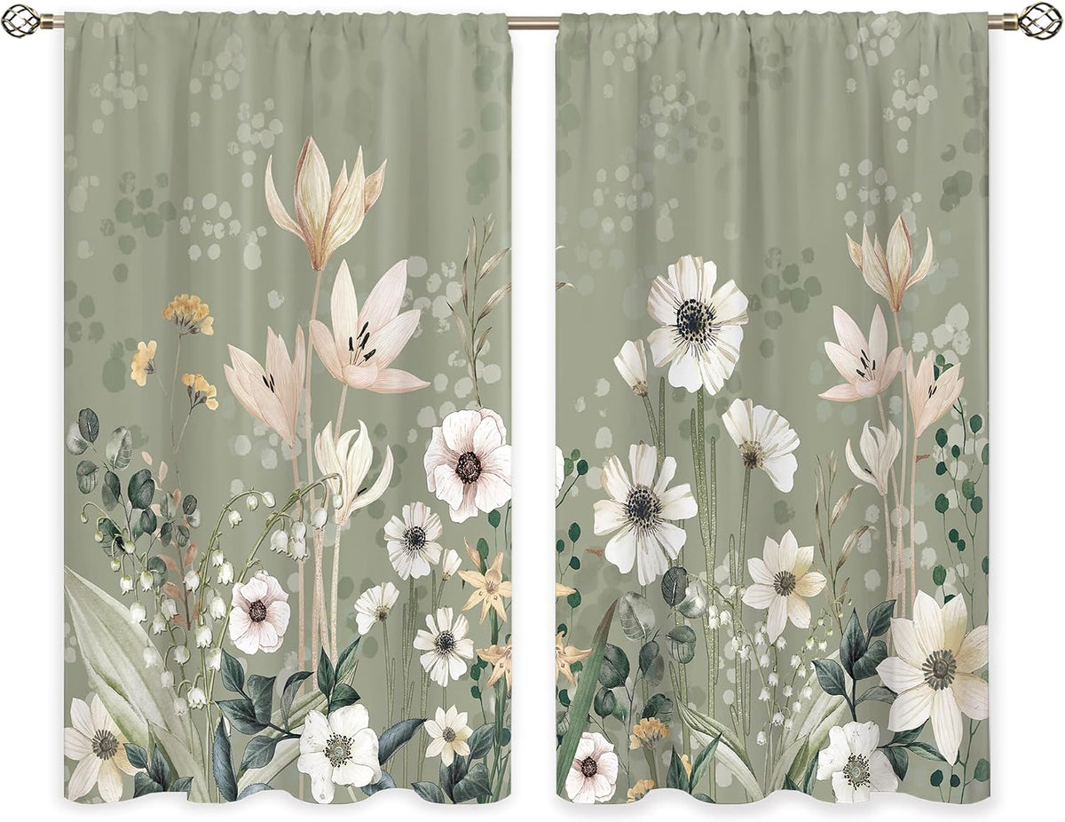 Green Boho Flower Small Kitchen Curtains Flower Plant Window Treatment Botanical Herb Chic Rod Pocket Cafe Short Window Curtains for Bathroom Dining Room Tier Treatment Drapes 27.5x39 inch