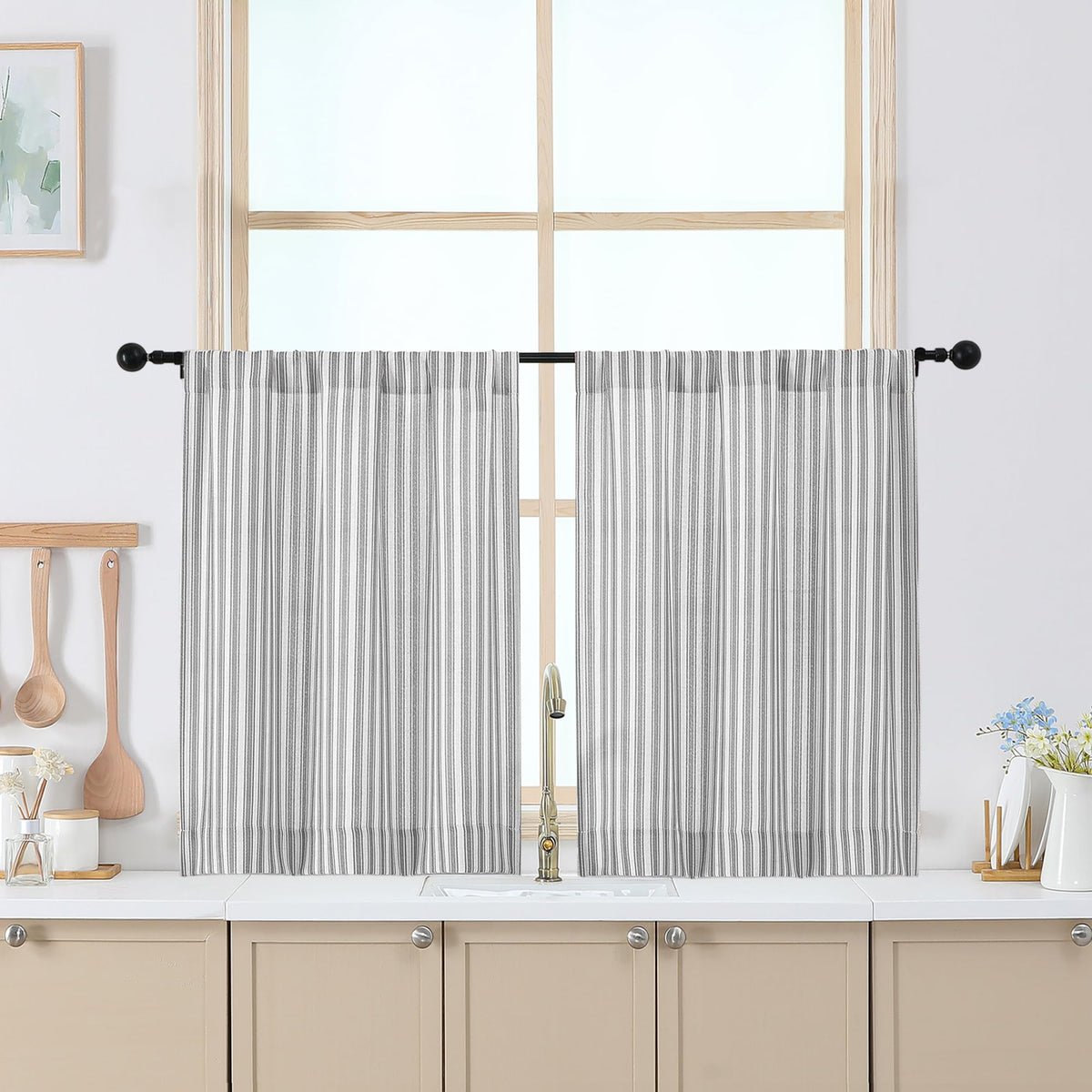 Chyhomenyc Striped Short Curtains 36 Inch Length - Light Filtering Faux Linen Living Room Tier Half Window Curtains, Farmhouse Modern Boho Curtain for Bathroom, 30Wx36L, 2 Pieces, Stone Blue