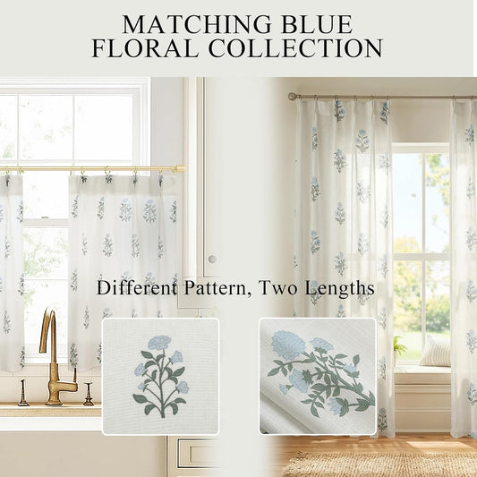Cafe Curtains for Kitchen,Pinch Pleated Small Window Curtains Over Sink,Farmhouse Linen Sheer Blue and Green Floral Vintage Block Print 24 Inch Length Half Curtains Sets for Windows