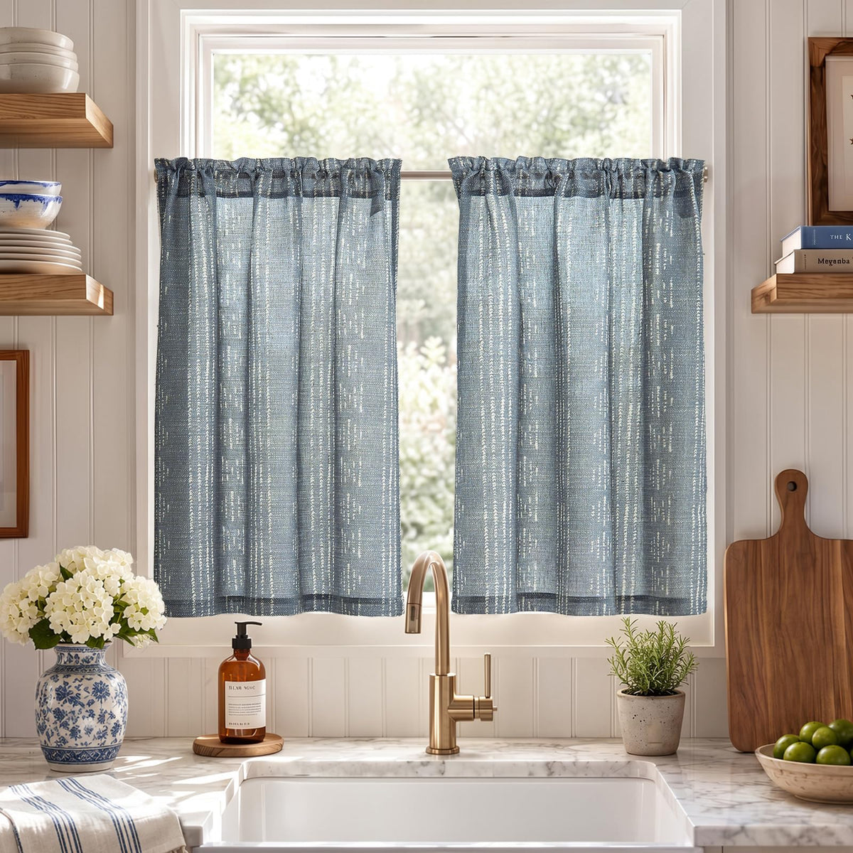 jinchan Linen Striped Tier Curtains for Kitchen Windows Farmhouse
