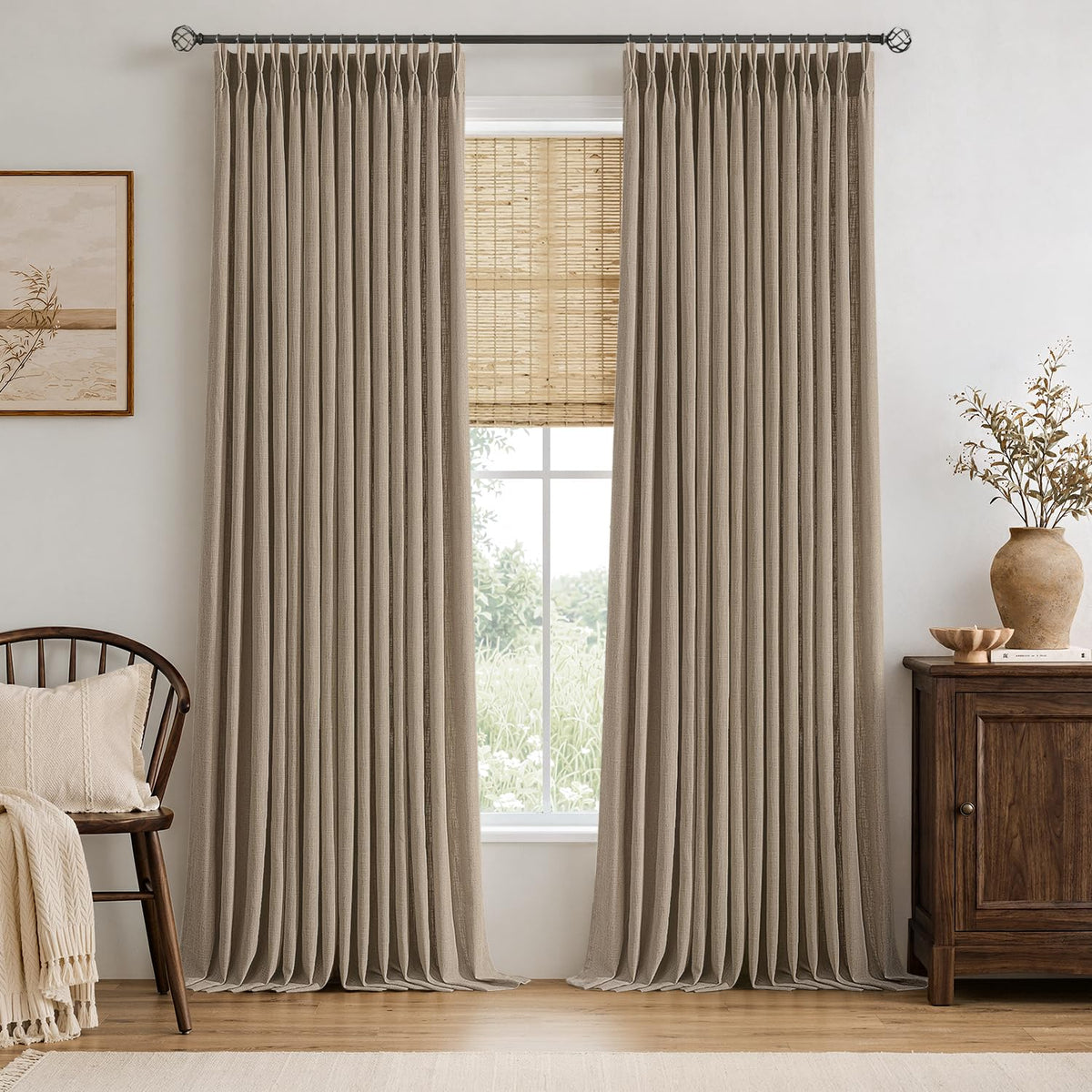 MIULEE Pinch Pleated Thick Linen Curtains 36 Inches Long 2 Panels Natural