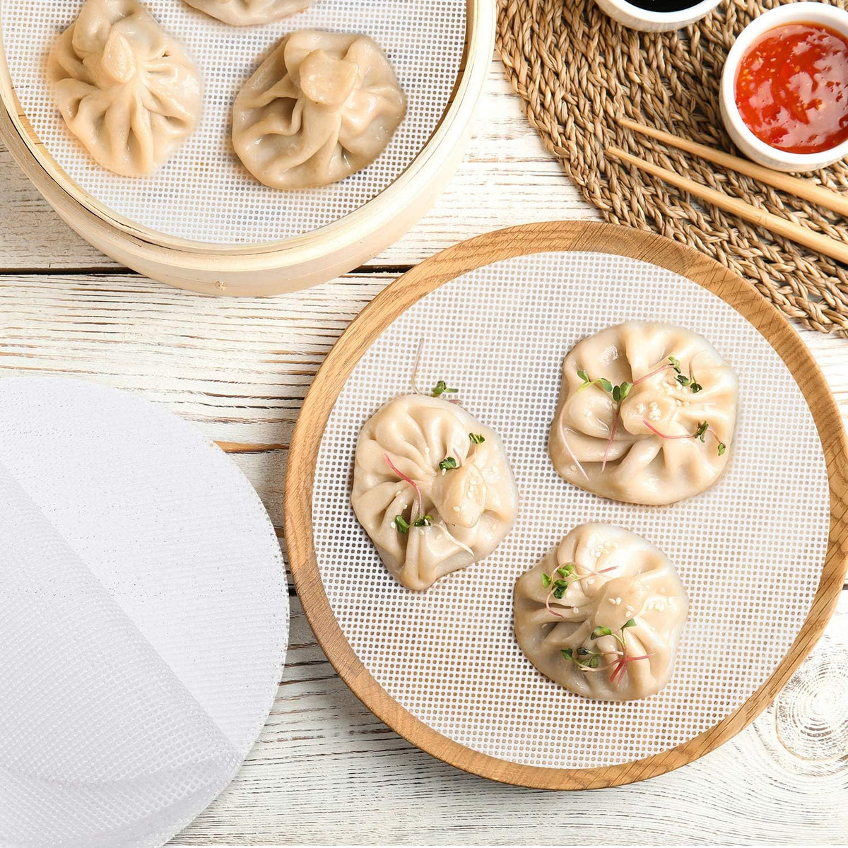Patelai 12 Pcs Bamboo Steamer Silicone Liners 9 Inch, Non Stick Reusable Silicone Steamer Mesh Mat, Air Fryer Round Liners Pad Buns Dumpling Baking Pastry Dim Sum for Food Kitchen Restaurant Home