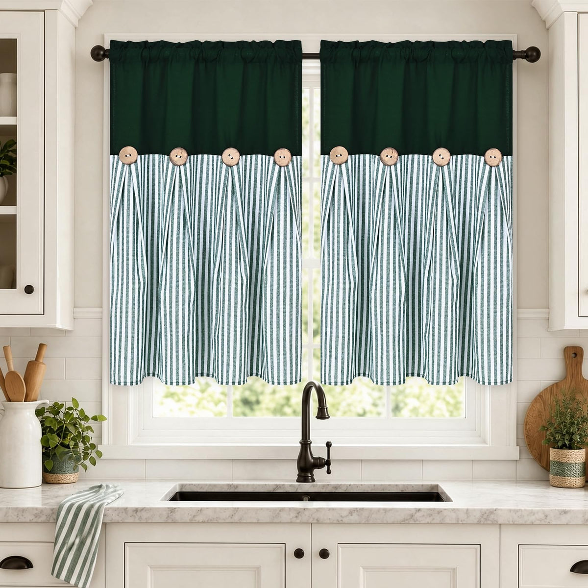 ASPMIZ Cotton Linen Kitchen Valance Curtains, Boho Rustic Button Linen Valances for Windows Farmhouse, Black with Grey Stripe Valance Window Topper Treatment Window Valances for Bathroom, 52 x 18 Inch