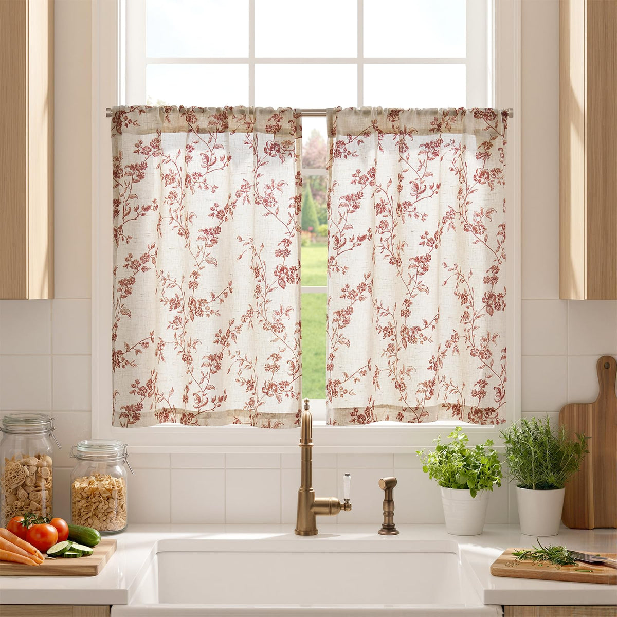 jinchan Floral Linen Kitchen Tier Curtains, 36 Inch, 2 Panels, Taupe