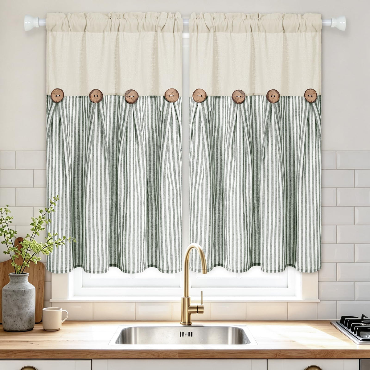ASPMIZ Cotton Linen Kitchen Valance Curtains, Boho Rustic Button Linen Valances for Windows Farmhouse, Black with Grey Stripe Valance Window Topper Treatment Window Valances for Bathroom, 52 x 18 Inch