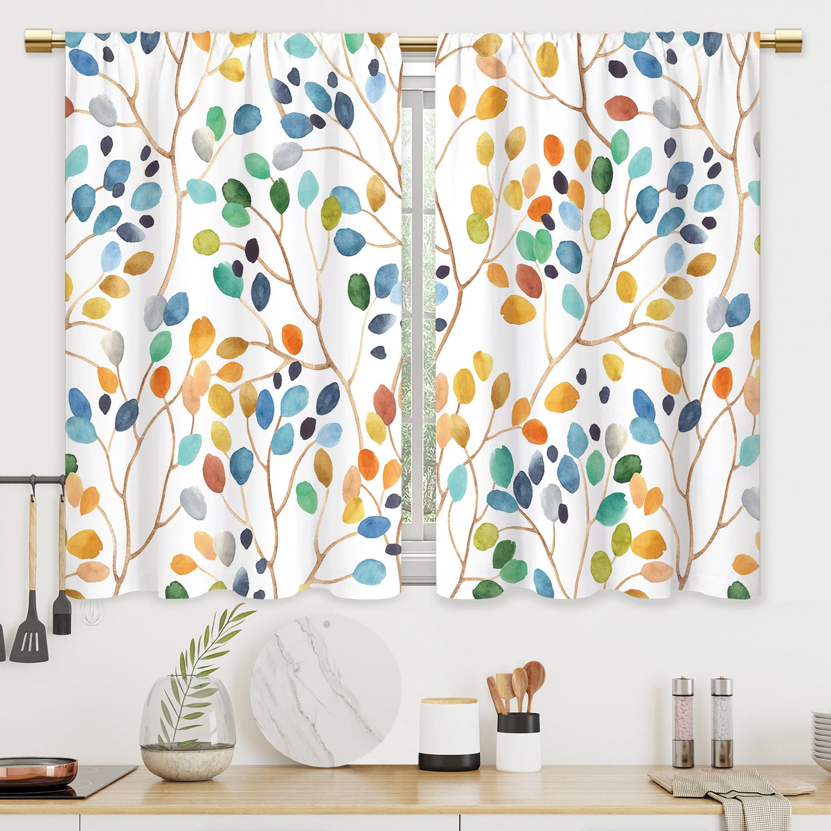 Colorful Leaves Kitchen Curtains Boho Botanical Bathroom Curtains Window Treatment Drapes Tier Flower Floral Cafe Small Bedroom Short French Door Curtains Rod Pocket 2 Panels 27.5x39 Inch