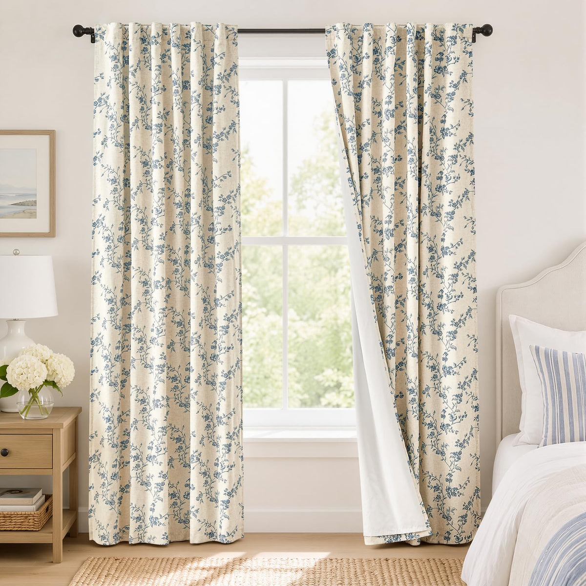 Lazzzy Green Vintage Floral Linen Curtains Farmhouse 26W X 36L 2 Panels