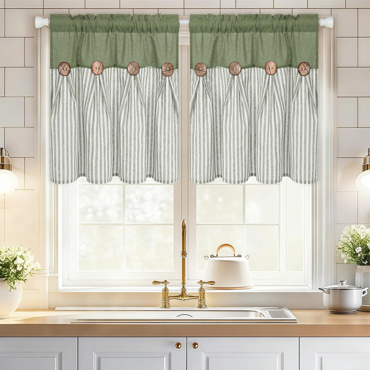 ASPMIZ Cotton Linen Kitchen Valance Curtains, Boho Rustic Button Linen Valances for Windows Farmhouse, Black with Grey Stripe Valance Window Topper Treatment Window Valances for Bathroom, 52 x 18 Inch