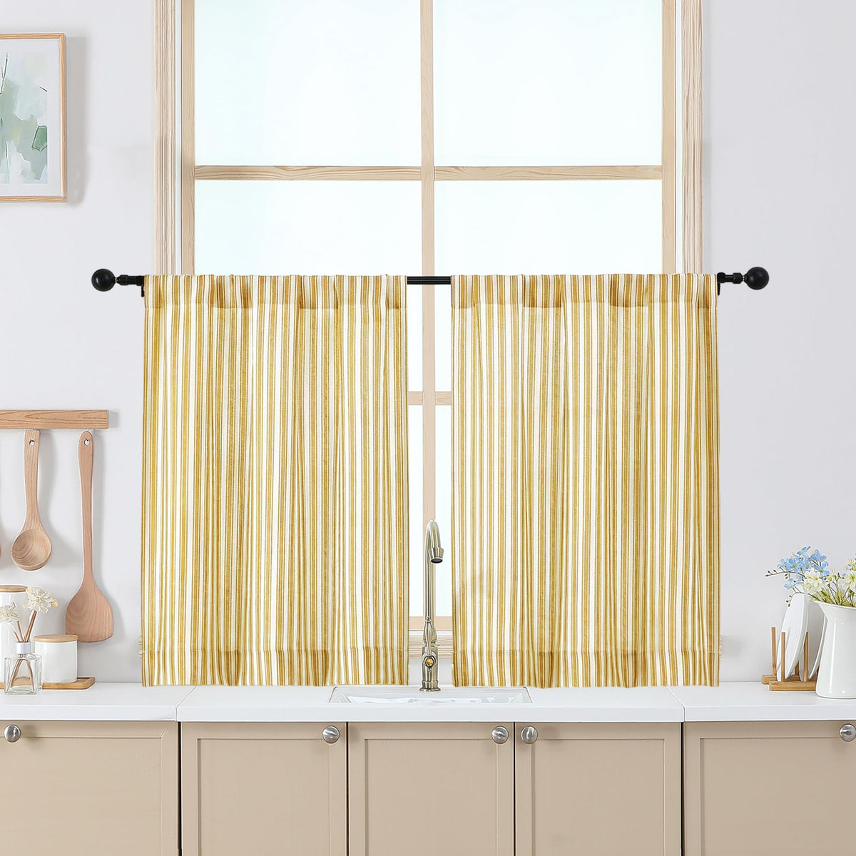 Chyhomenyc Striped Short Curtains 36 Inch Length - Light Filtering Faux Linen Living Room Tier Half Window Curtains, Farmhouse Modern Boho Curtain for Bathroom, 30Wx36L, 2 Pieces, Stone Blue
