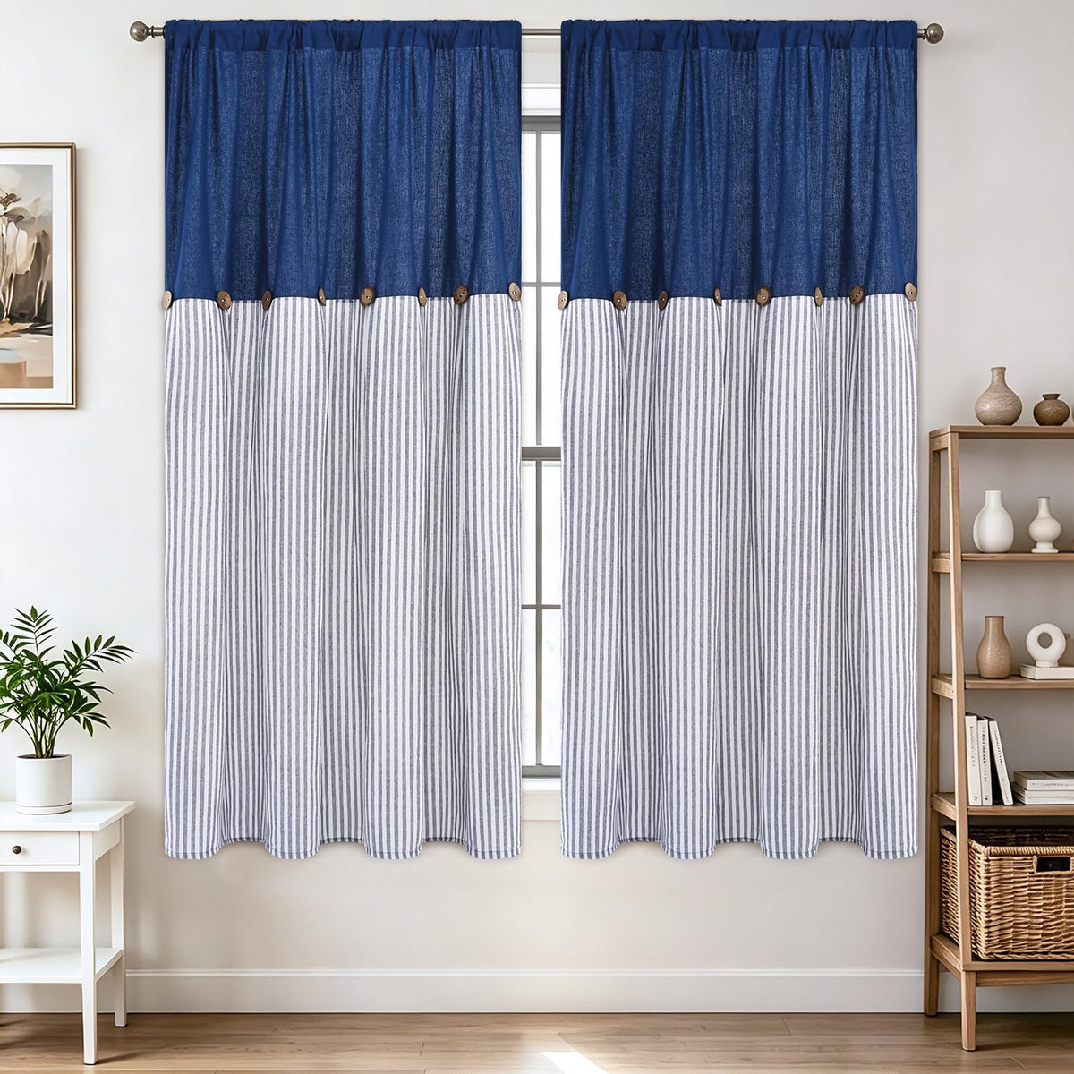 BLEUM CADE Farmhouse Kitchen Curtains 36 Inch, Cotton Linen Cafe Curtains with Rustic Buttons, Boho Small Window Curtains for Bathroom, Green Stripe Half Window Drapes Over Sink, 2 Panels