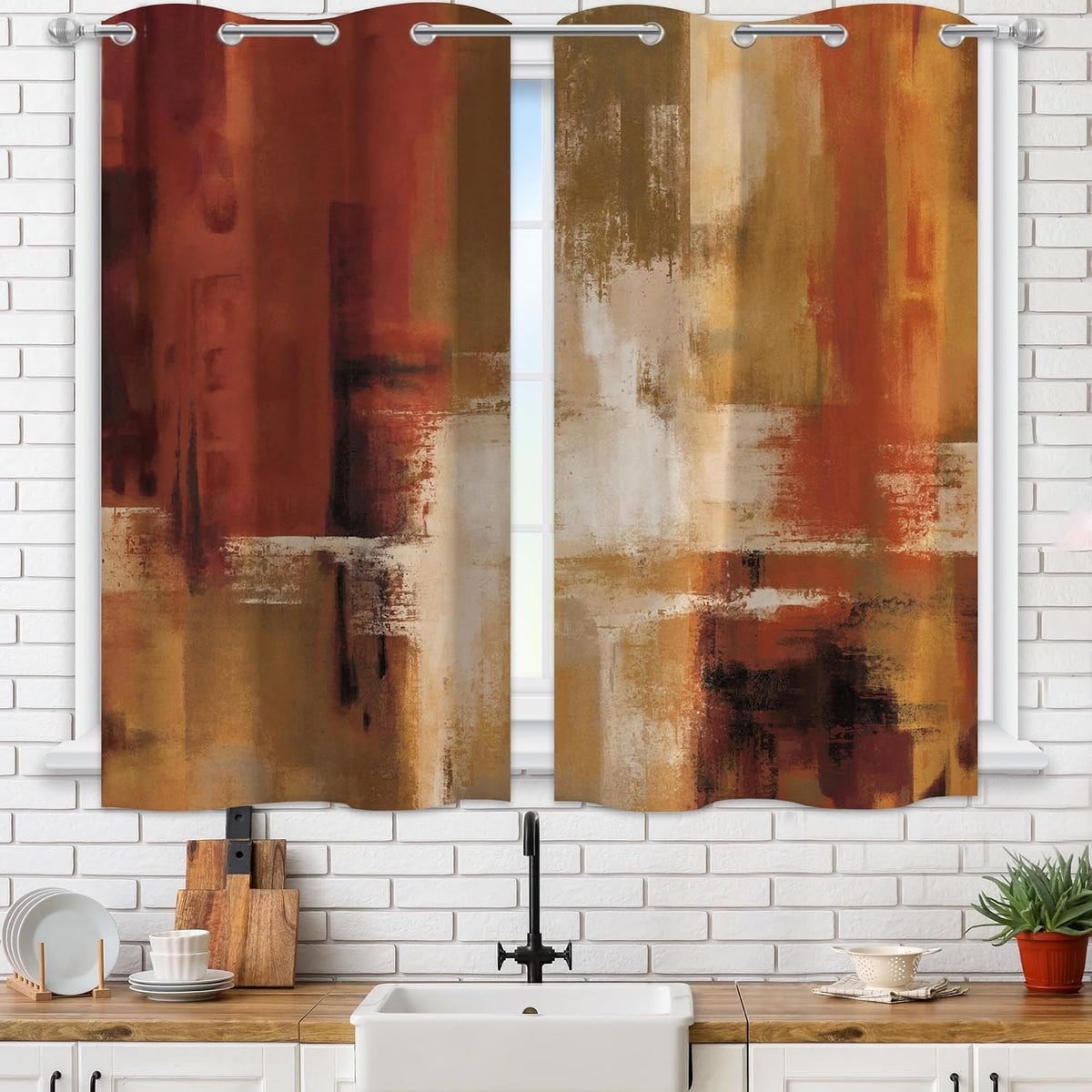 Asuexpect Burnt Orange Abstract Curtains for Kitchen, 26W x 36L, 2 Panels