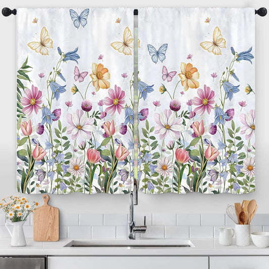 Watercolor Floral Spring Colorful Flower Kitchen Curtains 27.5W X 39L Inch 2 Panels Wildflower Summer Butterfly Small Cafe Tier Short Morning Glory Window Treatment Drapes Bathroom Home Decor