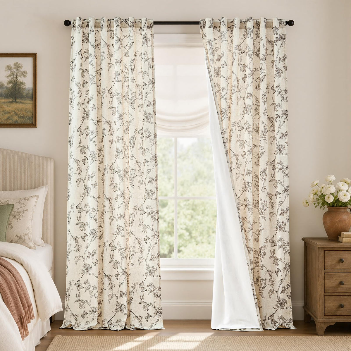 Lazzzy Green Floral Linen Curtains Farmhouse Rod Pocket 50W X 84L 2 Panels