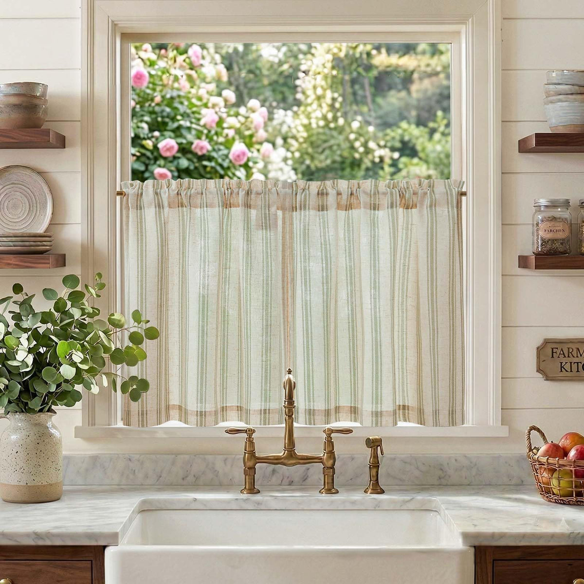 jinchan Linen Striped Tier Curtains for Kitchen Windows Farmhouse