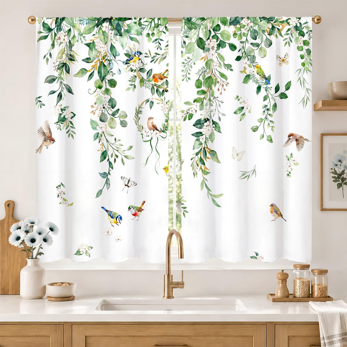 Yellow Sunflower Kitchen Curtains 42W X 63L Inch 2 Panels Rod Pocket Country Rustic Floral Flower Butterfly Farmhouse Over Sink Small Short Cafe Tier Window Treatment Bathroom Decor