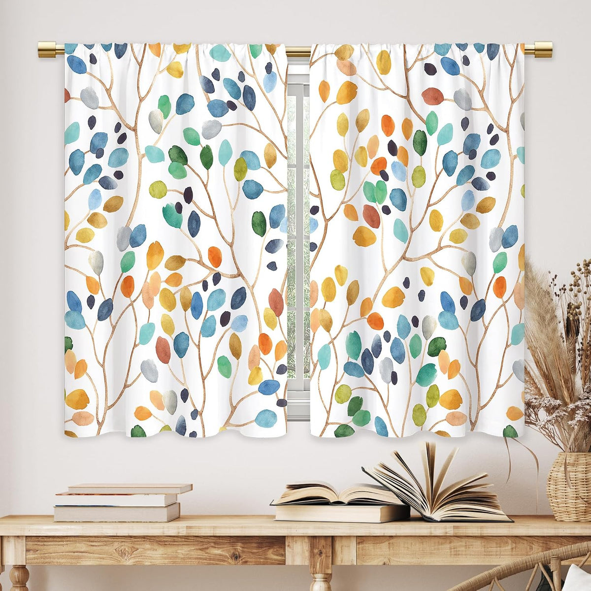 Colorful Leaves Kitchen Curtains Boho Botanical Bathroom Curtains Window Treatment Drapes Tier Flower Floral Cafe Small Bedroom Short French Door Curtains Rod Pocket 2 Panels 27.5x39 Inch